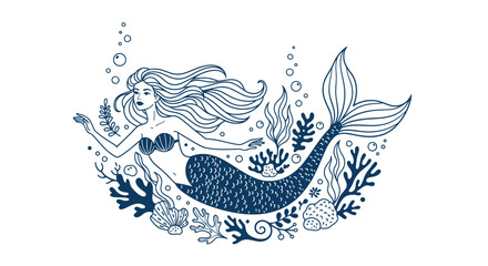 Obraz premium Mythical Mermaid Swimming Underwater Surrounded by Coral and Seaweed