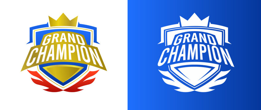 Grand champion esports badge with gold shield and crown logo design