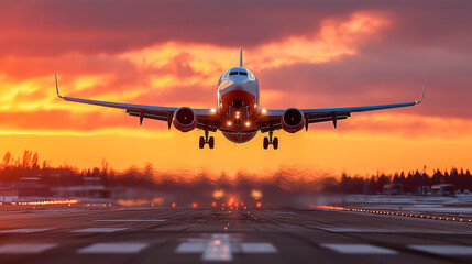Naklejka premium commercial airplane taking off at sunrise