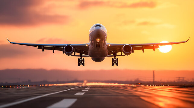 commercial airplane taking off at sunrise