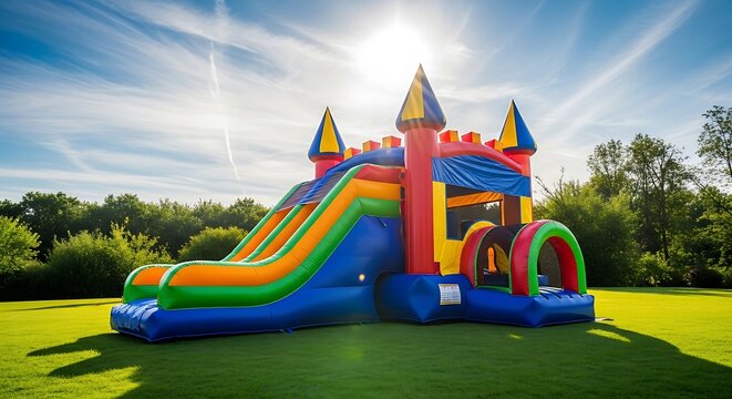 Colorful inflatable bounce house castle with slide on green grass sunny day outdoors fun