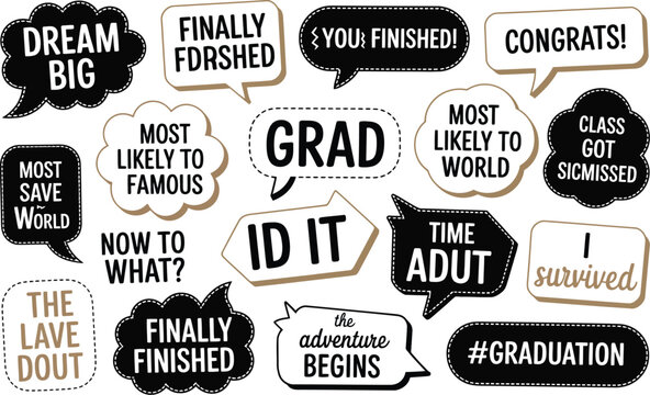 Graduation photo booth props set, playful vector illustrations of graduation party accessories for photobooth fun and festive celebration moments.