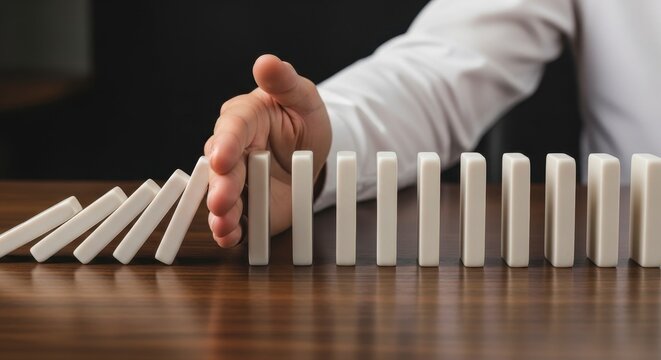 Hand pushing wooden domino tiles in a row isolated on transparent background