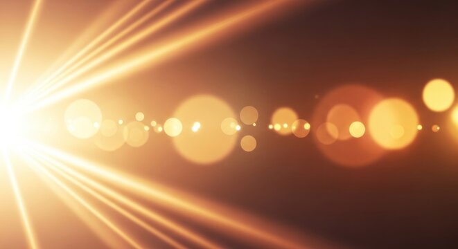 Golden rays of light and bokeh effect on a dark background.