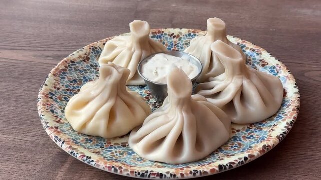 Juicy khinkali on a plate with a central dollop of creamy sour cream, showcasing a delicious Georgian dish. The presentation highlights tenderness and vibrant flavors.