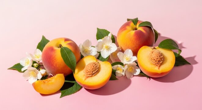 Fresh peaches with leaves and flowers on a pink background.