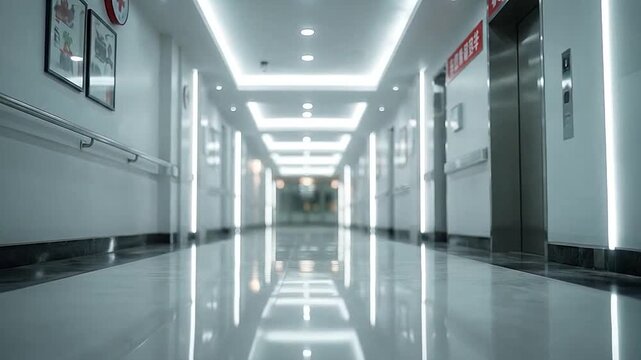 Brightly lit modern hospital corridor with reflective floor and elevators