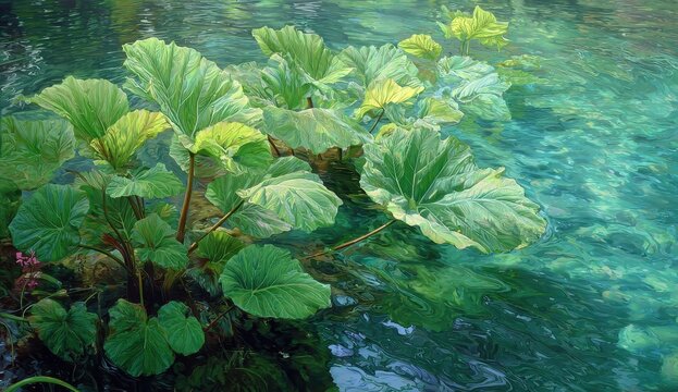 Lush Green Gunnera Plant Reflecting in Tranquil Water.