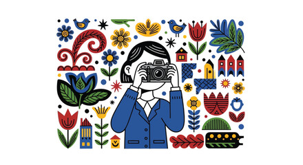 Fototapeta premium Folk photographer woman vector