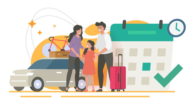 Family travel vacation happy trip planning concept vector modern graphic illustration design, parents with child and luggage suitcase on car vehicle roadtrip schedule, weekend adventure concept drawn
