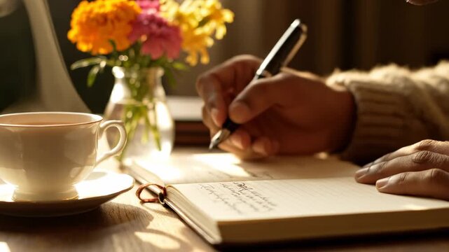 Person with dark hair writes in a notebook using a fountain pen, with a cup of coffee and a vase of colorful flowers on a wooden table in a cozy indoor setting