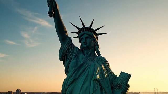 Majestic drone flight around the statue of liberty at sunrise