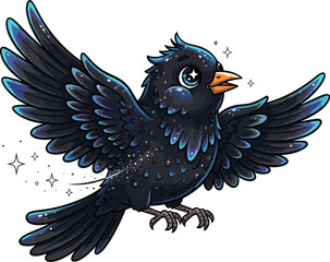 Fototapeta premium Cute magical black bird with sparkling stars fantasy raven cartoon character flying wildlife vector illustration isolated background