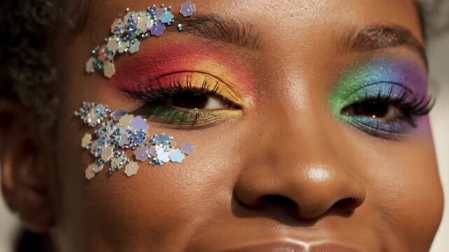 African American woman with vibrant rainbow eye makeup and decorative sequins smiles brightly, showcasing colorful artistry and facial details in a well-lit setting