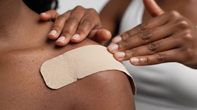 African American woman applies adhesive bandage to shoulder of another person, showcasing careful placement and attention to detail in a neutral indoor setting