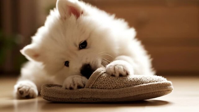 Playful puppy chewing on slipper in cozy home setting
