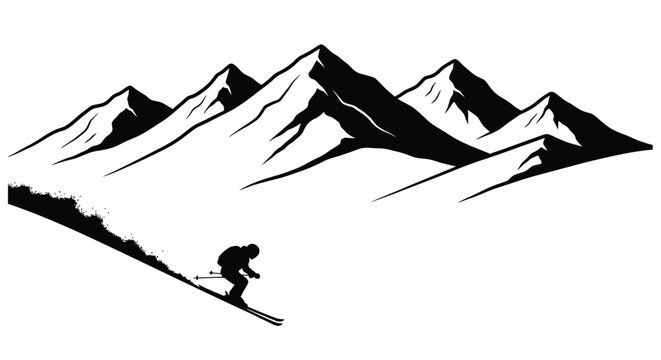 Silhouetted skier descends a steep mountain slope in a black and white scene