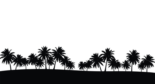 Silhouetted palm trees line a tropical horizon against a white background