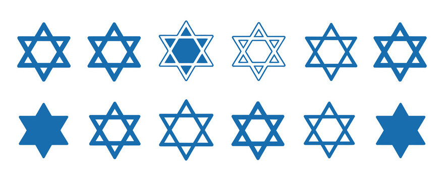 Star of David icons set, blue David stars collection, Jewish hexagram symbol, vector illustrations for Hanukkah, religious celebrations, and decorative design
