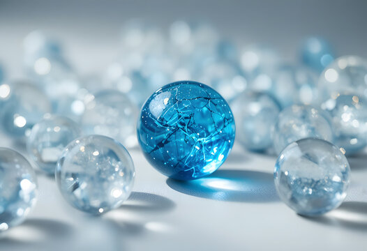 Blue Marble Among Transparent Marbles Close Up