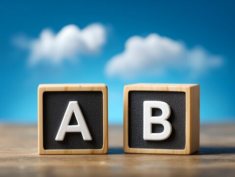 青空を背景に木目のテーブルに置かれたアルファベットのAとBの木製ブロックのクローズアップ