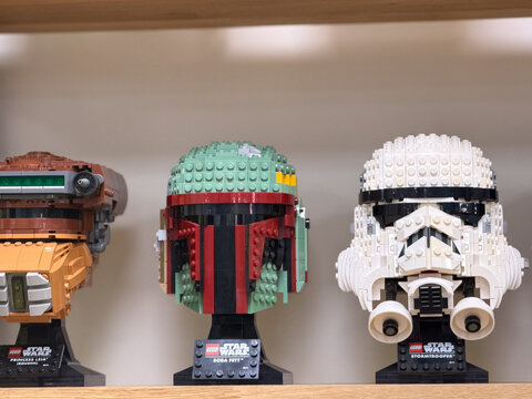 Lego star wars helmet models on shelf