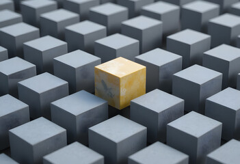 Obraz premium Floating Yellow Cube Among Gray Cubes