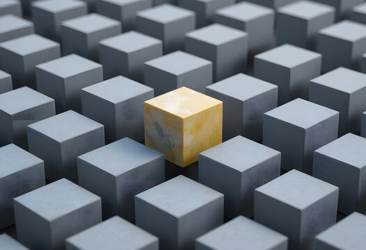 Floating Yellow Cube Among Gray Cubes
