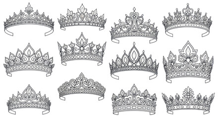 Collection of elegant hand-drawn tiaras and crowns on a white background © lobes
