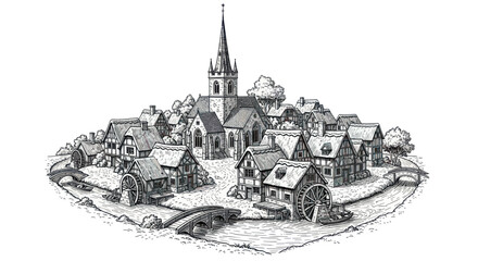 Obraz premium Medieval village illustration with church and watermills, hand-drawn style