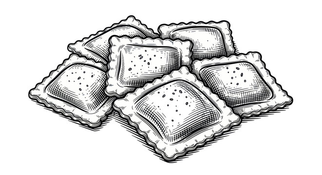 Hand-drawn illustration of ravioli pasta squares with filling and seasoning, isolated on white.