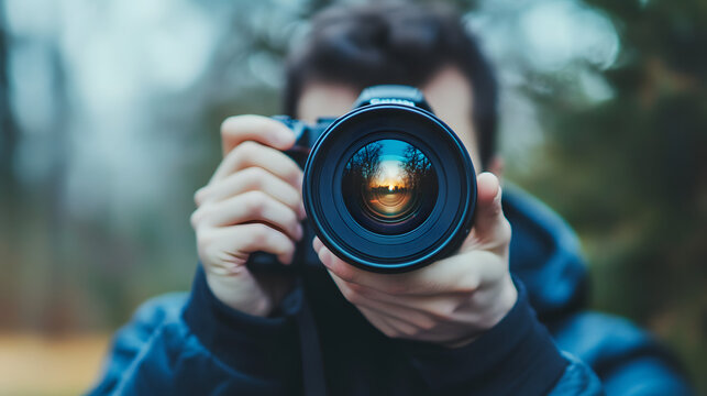 man taking photo with camera lens front view outdoor portrait style