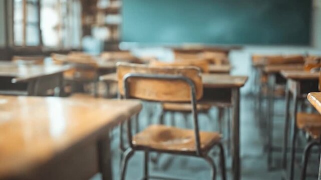 Empty classroom with vintage wooden desks and chairs awaiting students