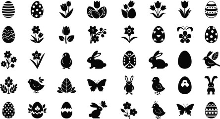 Fototapeta premium Black Easter icons set with eggs flowers rabbits and birds