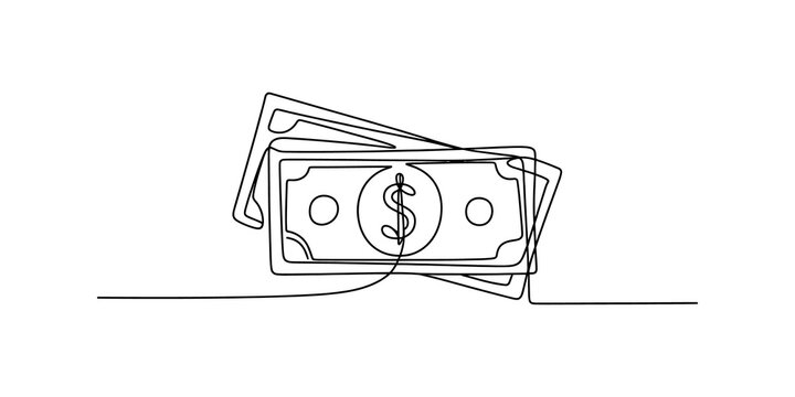 Continuous line drawing of two dollar bills featuring a dollar sign on a white background.