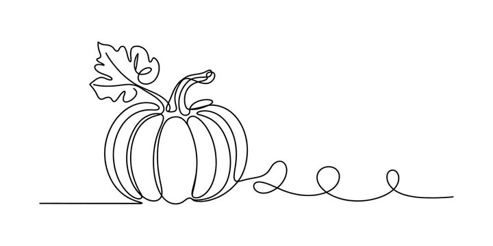 Minimalist one line art of a harvest pumpkin with leaf and vine on a clean white background.