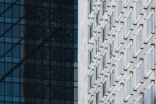 Modern abstract facade architecture with geometry pattern in Paris La Defense financial district delivers minimalist background for creative layouts
