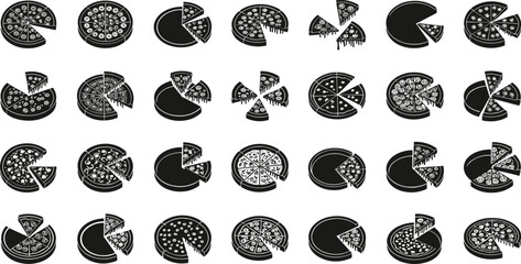Fototapeta premium Collection of black and white pizza illustrations with various toppings