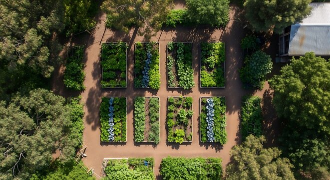 Aerial view of a vibrant organic vegetable garden with multiple rectangular plots of green plants and trees