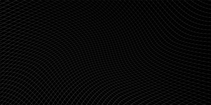 Abstract digital background featuring a flowing wireframe grid made of thin white lines on a deep black backdrop.