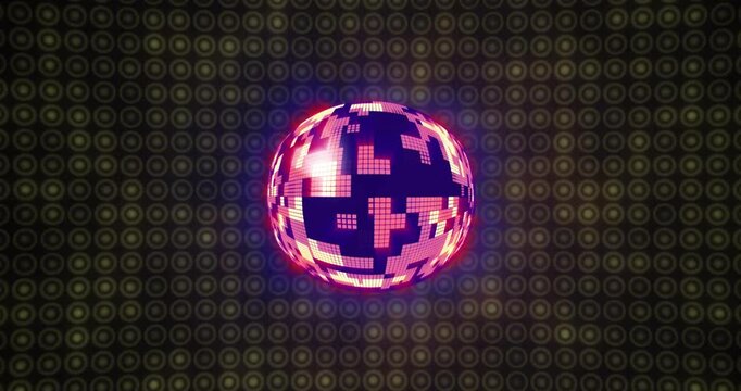 On start central pixel sphere rotating and shifting magenta navy tiles, pulsing halo showing data