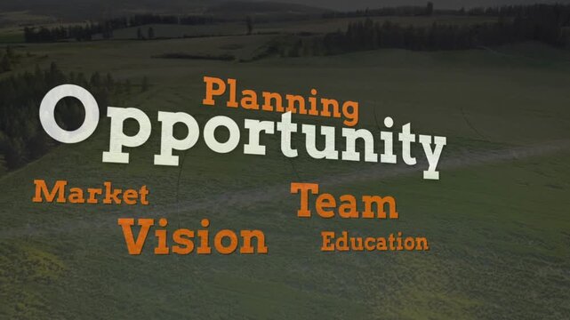 Aerial shot pausing, word clouds cycling colors over field, shifting, showing business ideas