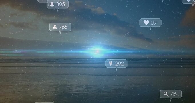 Glowing horizon and reflective shore, icons starting top-left, floating grouping showing engagement