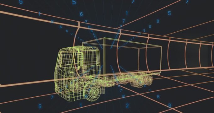 On start lime wireframe truck staying as blue digits flowing through orange grid showing data flow