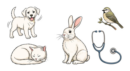 Obraz premium Wholesome Veterinary Care: Puppy, Kitten, Rabbit and Bird Health Check Illustration. Drawing of Pets in a Clinic, Examined with a Stethoscope. Home Animal Healthcare Sketch for Children's Book, Educat