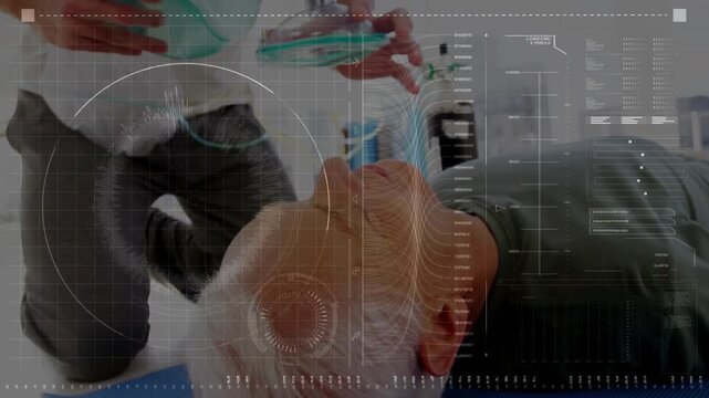 EMT placing clear mask squeezing turquoise bag initiating ventilation, medical HUD overlay covering
