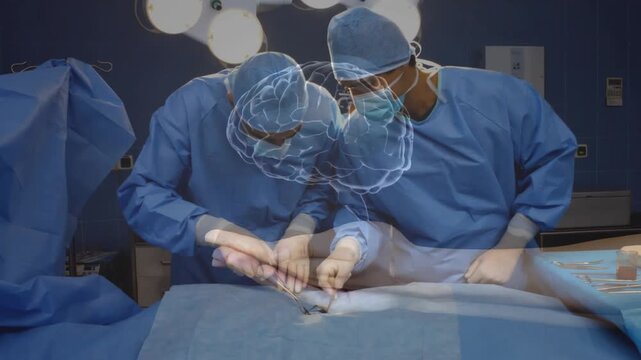 Lead surgeons working while assistant placing gauze, initiating animated brain guiding surgery