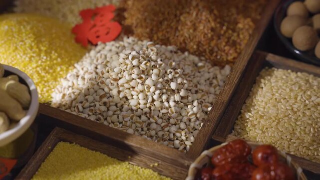 Assorted different types quality food of dry legumes, beans, rice and cereals grains seed in rustic wooden bowl. Set of indispensable sources of protein for a healthy lifestyle eating concept.