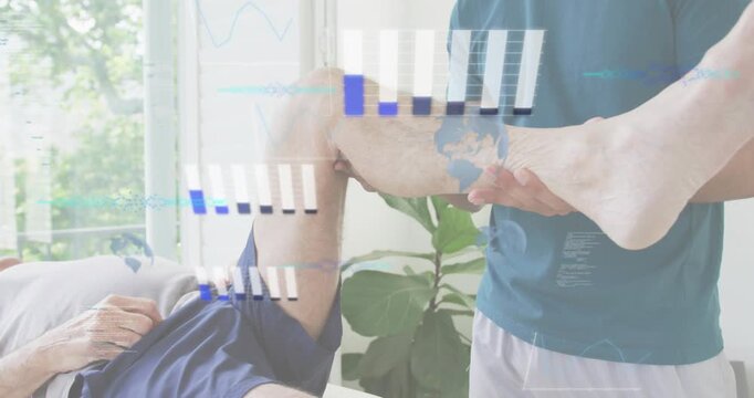 Therapist placing hands at knee and heel, moving leg ROM for PT, HUD bars+globe overlaying