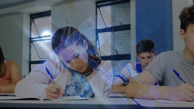 Classroom students taking test with blue pens, front passing shifting frame, overlay masking faces